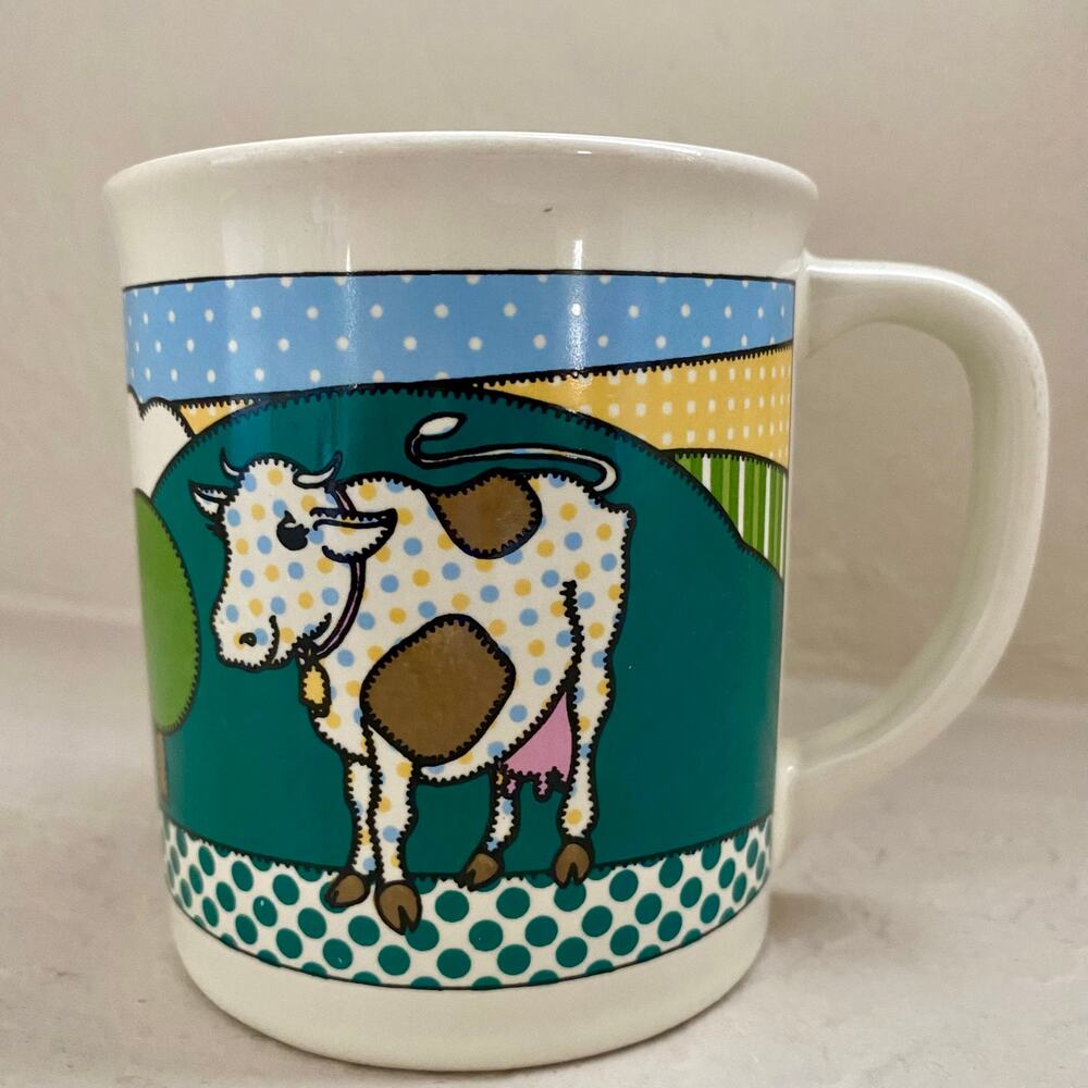 Vintage Mug Shanty Coffee Mug Cup Cottagecore Farm Cow Quilt Ceramic Patchwork - Picture 2 of 6